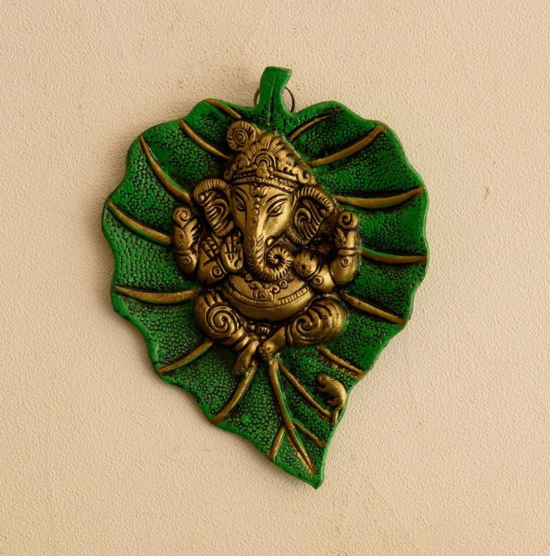 Crown Warriors Metal Golden Lord Ganesha On Green Leaf Wall Hanging Wallart Decorative Religious Showpiece For Home Wall Decor,
