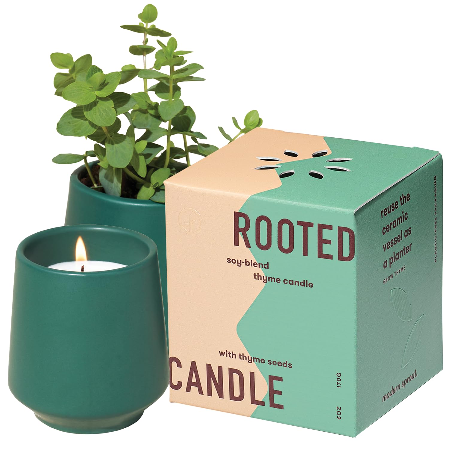 Modern Sprout - 2 in 1 Tonka Bean Scented & Soy Candle with Seeds that Grows into Thyme Plant - 6 oz w/ 42 hr Burn time in Matte