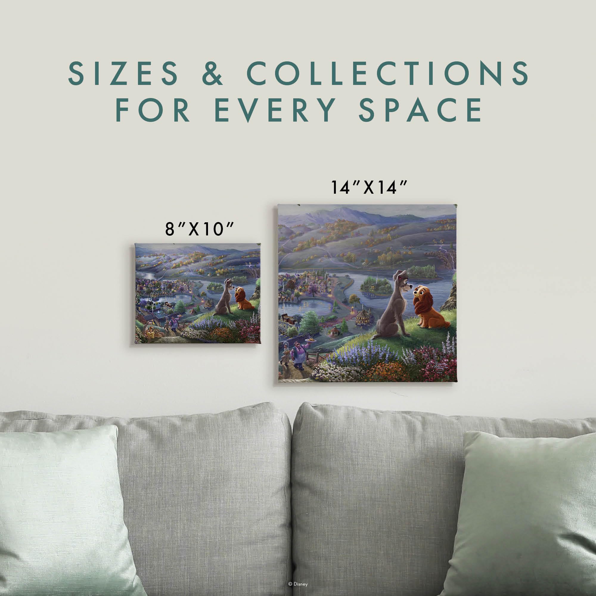 Thomas Kinkade Disney Lady And The Tramp Falling In Love 14'' X 14'' Gallery Wrapped Canvas | Frameless Room Wall Art | Certific