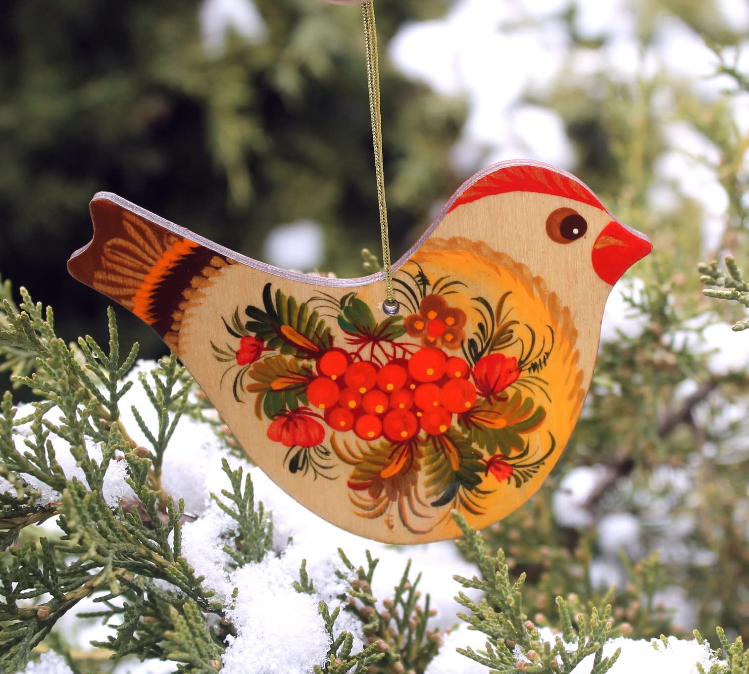 Bird Wooden Flat Ornament Ukrainian Hand Painted on Both Sides 4,3 x 3,3 x 0,2 inch. Christmas Tree and Easter Decoration Folk R