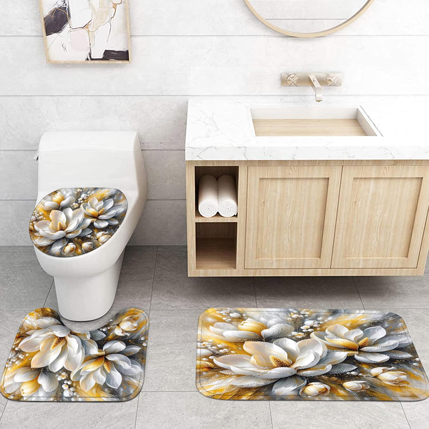Pretyw 4-Piece Magnolia Flowers Shower Curtain Set Dreamy Beauty Bathroom Set With Shower Curtain And Rugs, Gold White And Gray