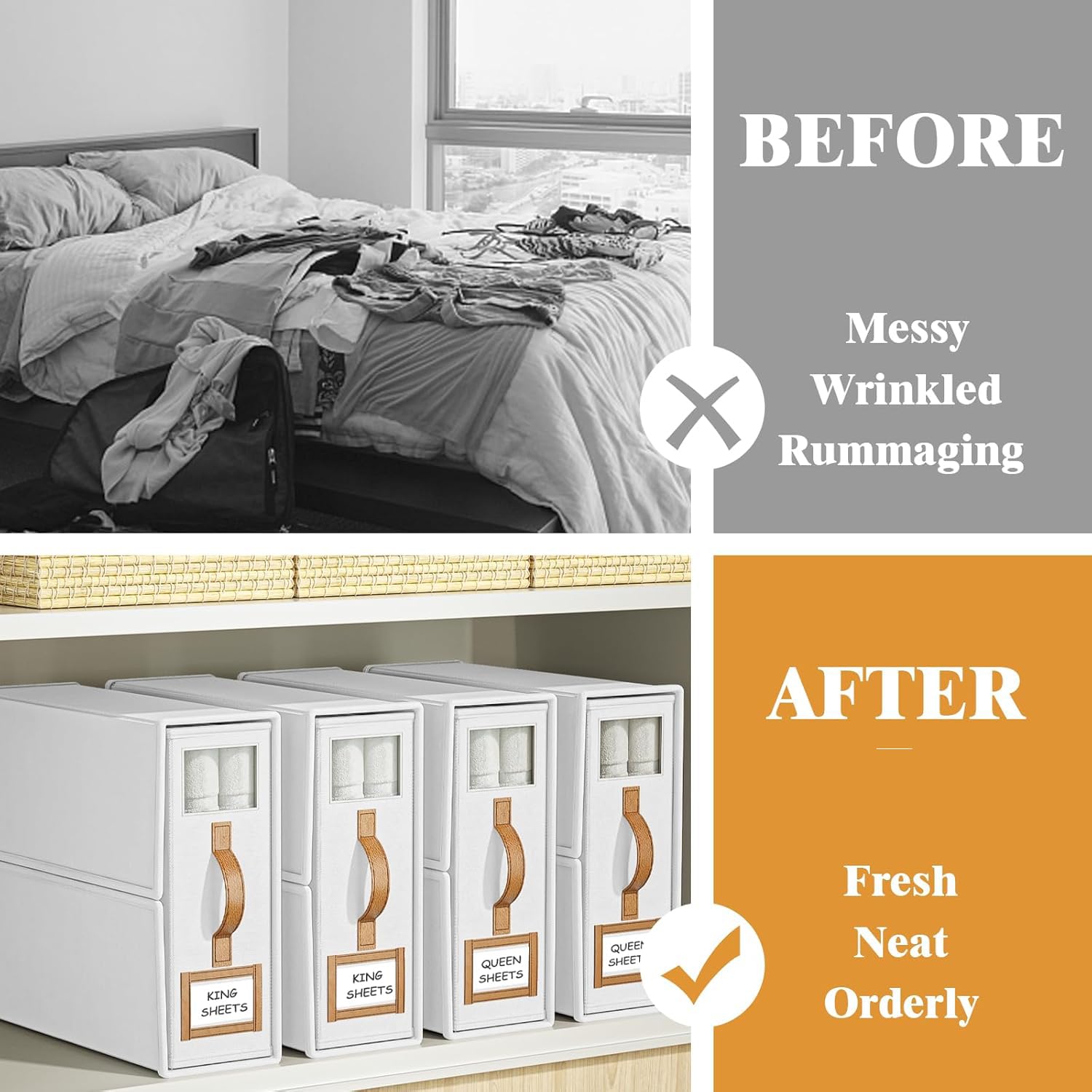 BigPonPon 4 Pack Bed Sheets Organizers And Storage (King Size),Foldable Sheet Organizer With Handle For Linen Closet,Bedding Org