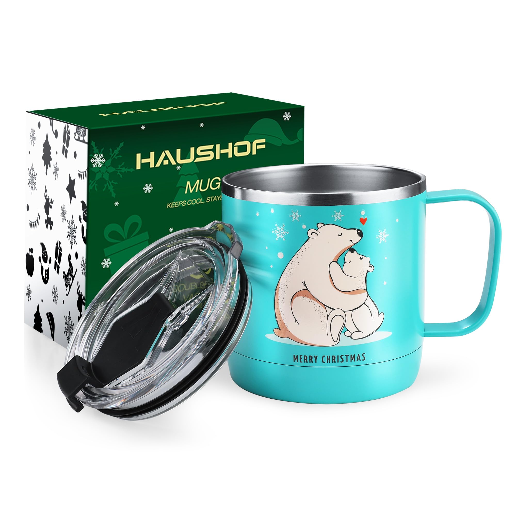 HAUSHOF 14oz Christmas Mug, Stainless Steel Coffee Mugs with Lid and Handle, Insulated Coffee Cups, Ideal Christmas Gifts for Mo