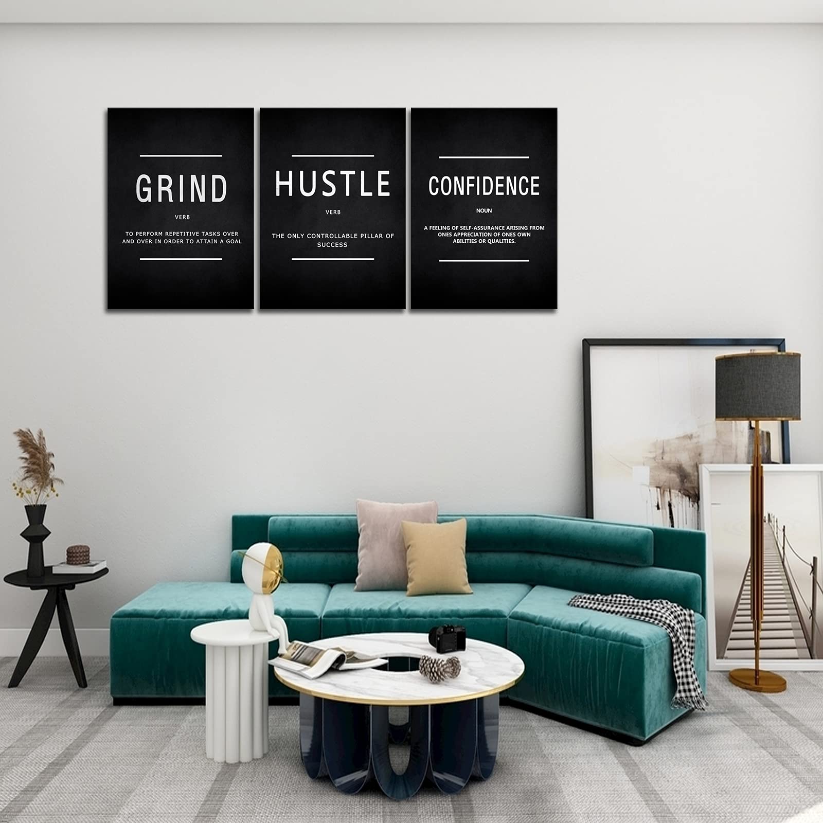 KAWAHONE Motivational Success Canvas Wall Art  Grind Hustle Confidence Wall Decor Framed Inspirational Entrepreneurs Painting Prints Quotes Poster for Office Workplace Easy to Hang- 20'' Wx28 Hx3Piece