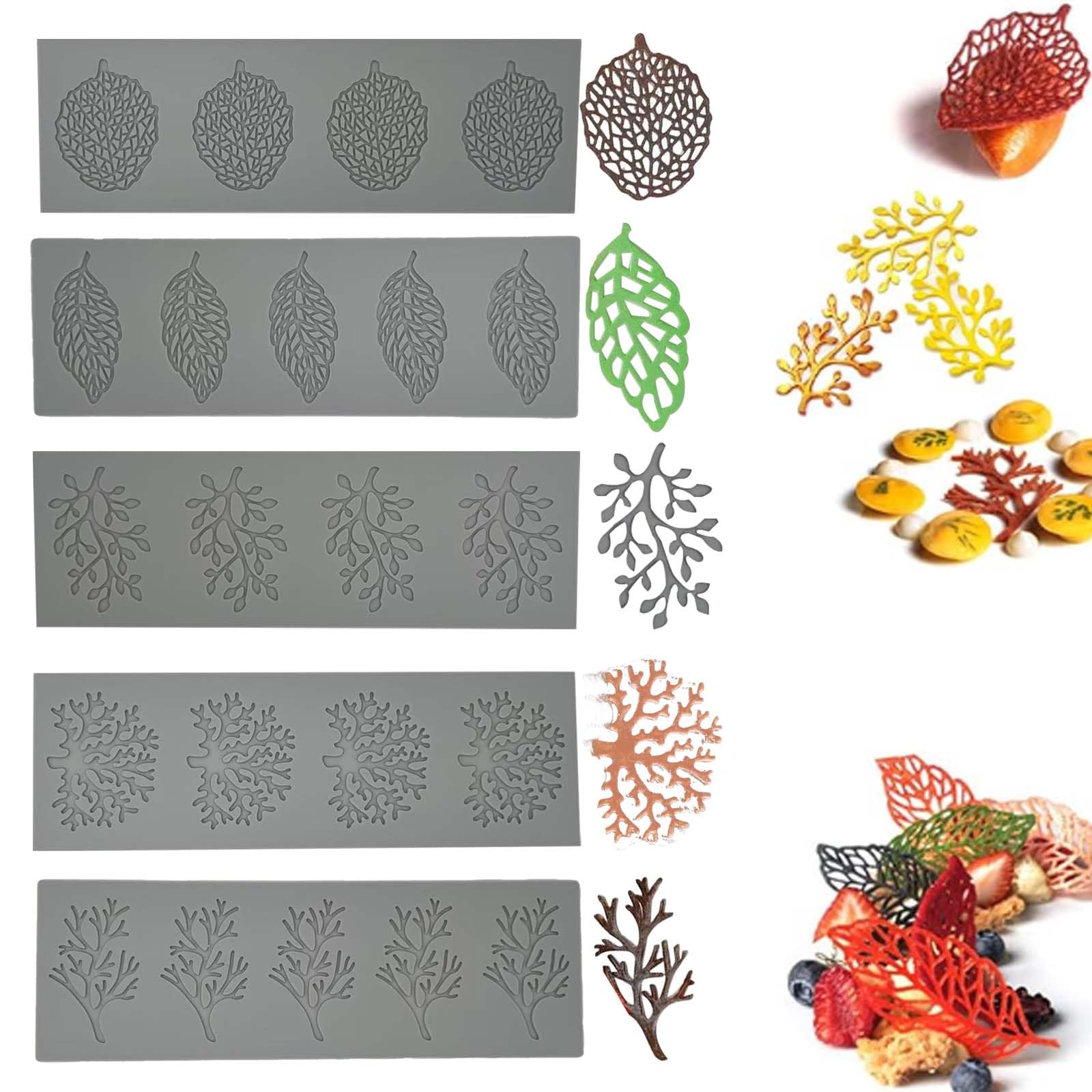 GRSECPO Silicone Leaf Molds, 5 Pack Fondant Tuile Molds for Baking