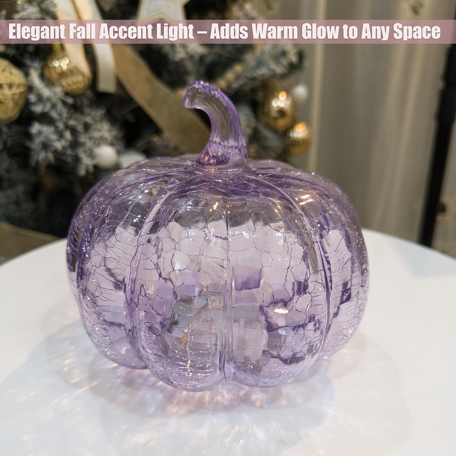 hvfun Handcrafted Lavender Crackle Glass Pumpkin Light, LED Battery Operated Table D  cor with 6H Timer, Twinkle & Steady Modes,
