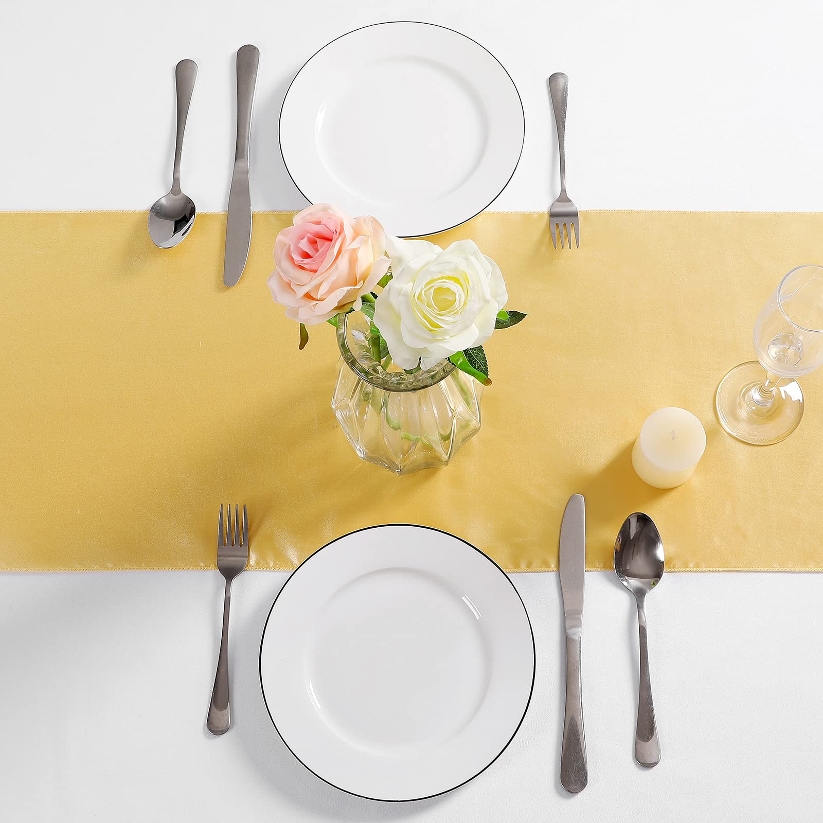 Manyshofu 4Pcs Satin Yellow Gold Table Runner - 12 x 108 Inch Long Size  Party Table Runner Decor Bright & Smooth Wedding Decorations Table Runner for Banquet Chef Birthday Buffet Dinner Graduations