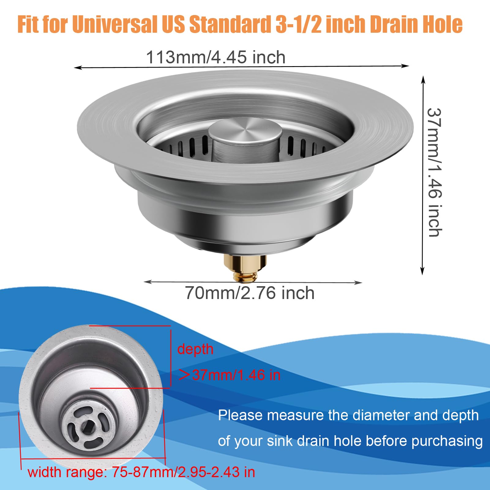 Kitchen Sink Drain Strainer And Sink Stopper(3 In 1), Upgraded Stainless Steel Drain Basket/Brass Pop-Up Bounce Core/Double Seal
