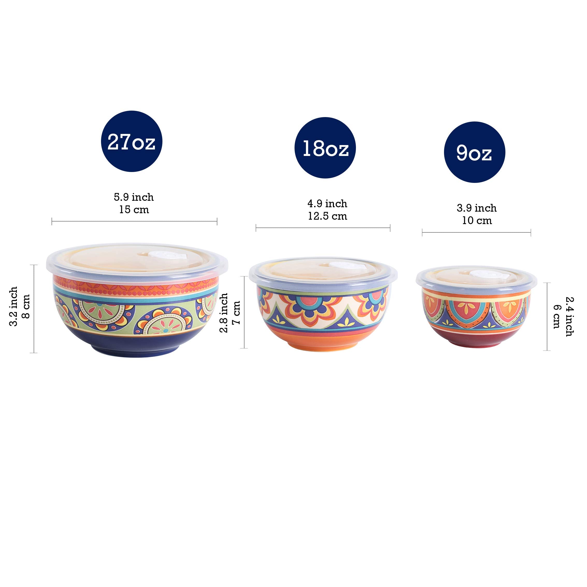 Bico Tunisian Ceramic Bowl With Air Tight Lid Set Of 3(27Oz, 18Oz, 9Oz Each), Prep Bowls, Food Storage Bowl For Salad, Snacks, F