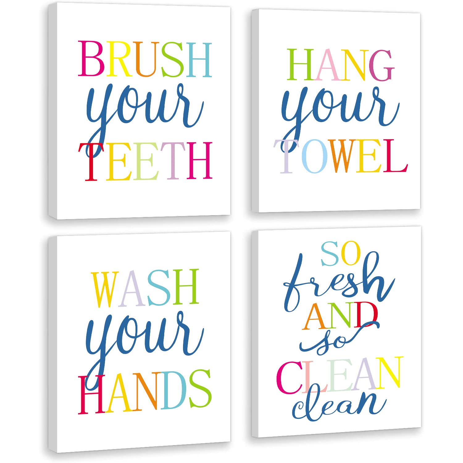 LHIUEM Colorful Framed Bathroom Quotes Kids Bathroom Canvas Art Prints Set of 4 (12   X16   )Brush Wash Flush Frame Signs Motiva