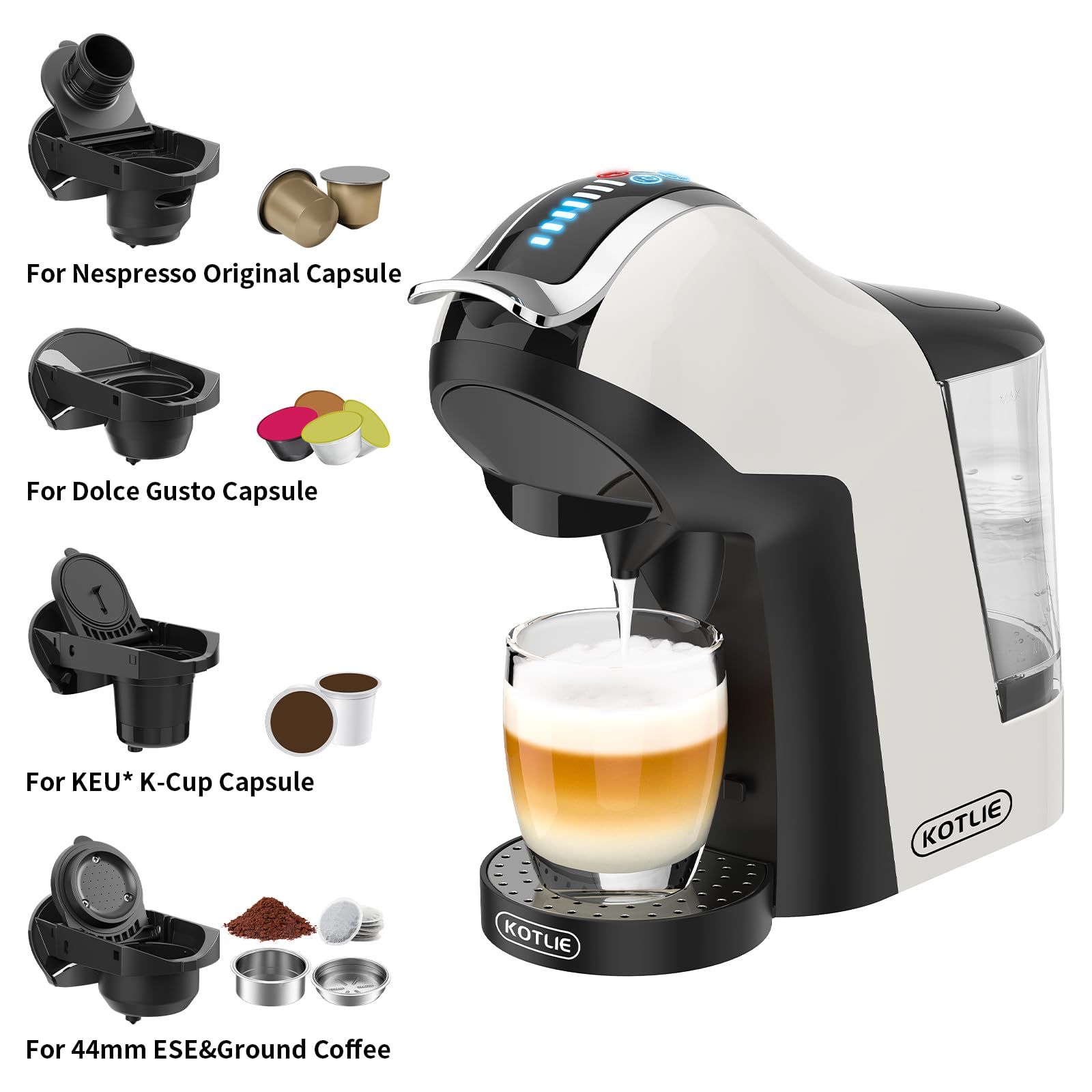 Kotlie 5In1 19Bar Multicapsule Espresso Coffee Machine, Cold&Hot Brewing Single-Serve Coffee Maker, Cappuccino&Latte Maker For K