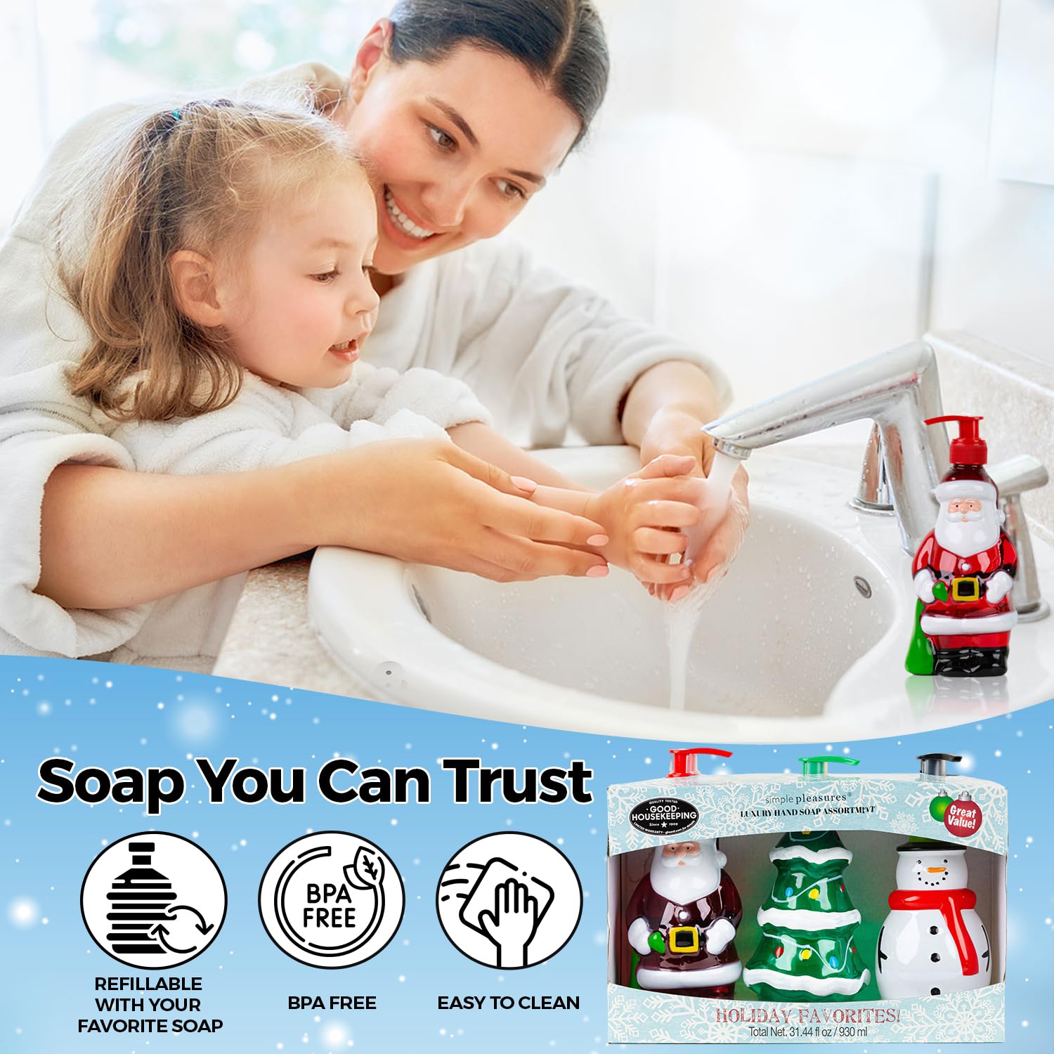 Simple Pleasures Holiday Soap Dispenser - Snowman, Santa & Christmas Tree With Scented Liquid Soap - Decorative Hand Pump Refill
