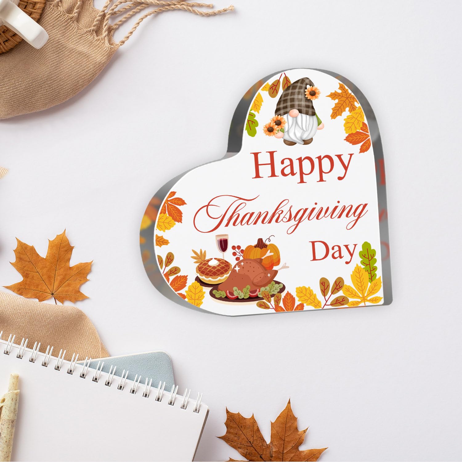 Happy Thanksgiving Gifts for Women Men, Pumpkin Gnomes Decorations Sign for Home Office, Autumn Acrylic Heart Shaped Plaque, Fal
