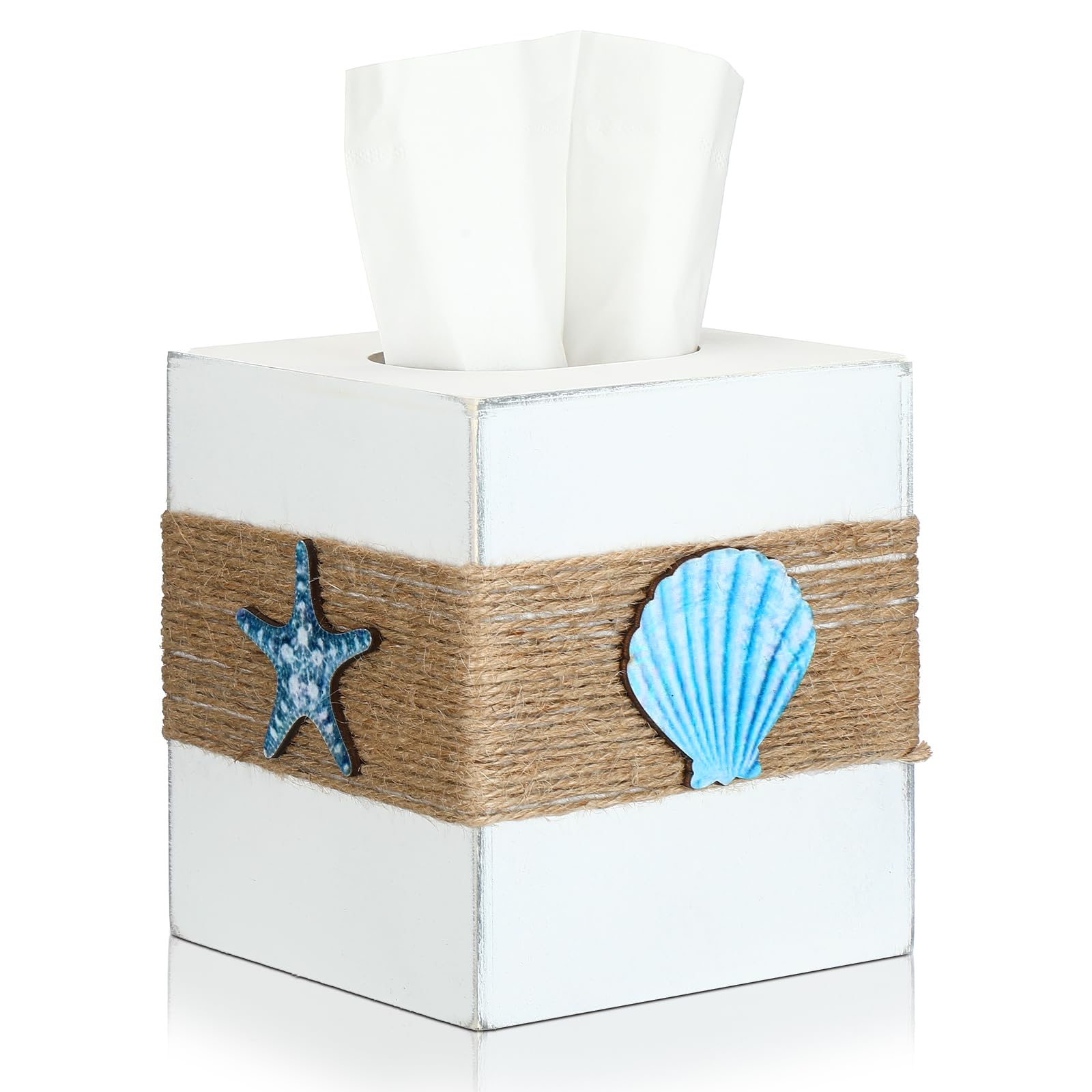 Threehoney Wood Tissue Box Cover Square Beach Farmhouse Bathroom Accessories Conch Starfish White Tissue Box Holder with Slide O