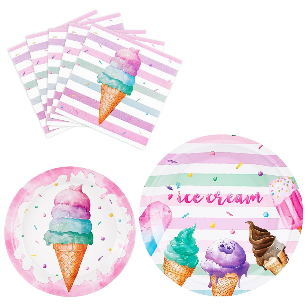 Wernnsai Ice Cream Party Supplies - 48Pcs Ice Cream Party Plates And Napkins Set For Girls Birthday Baby Shower Pink Disposable
