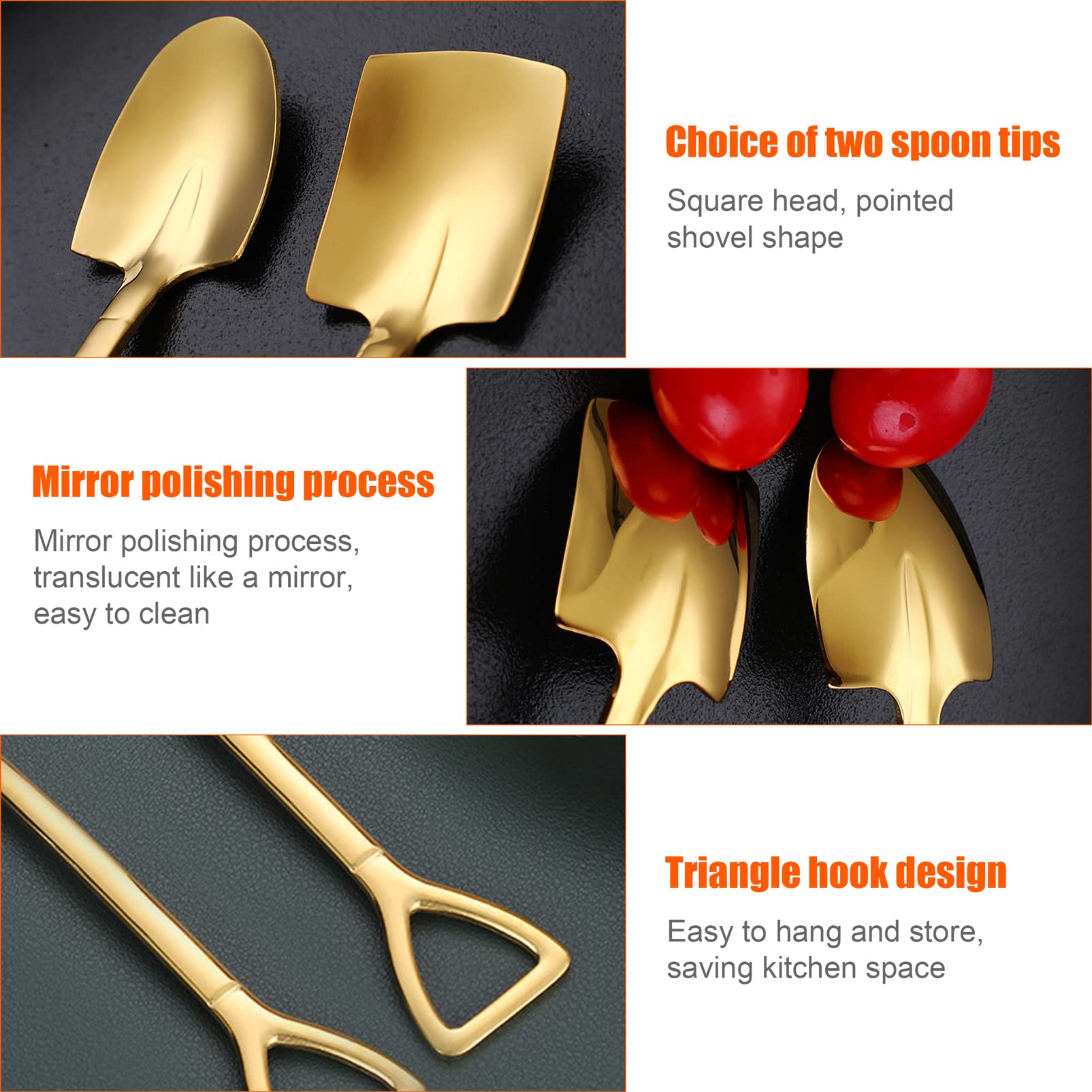 10Pcs Gold Shovel Shape Spoons, Stainless Steel Tea Spoon Coffee Spoon Dessert Spoon, Mini Cute Mixing Spoon Sugar Spoon Cake Sp
