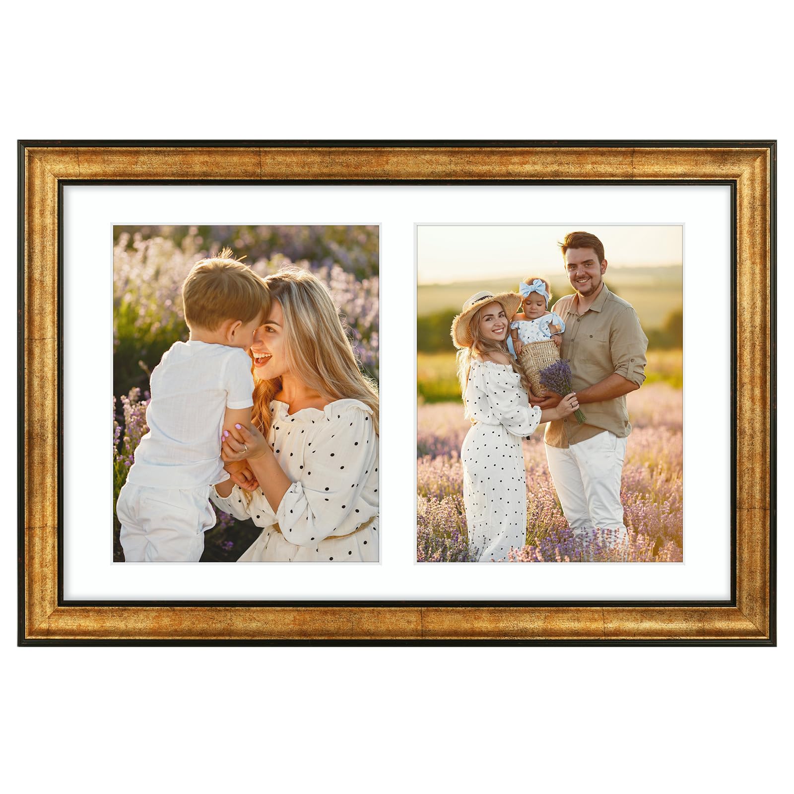 Golden State Art, 12x19 Antique Gold Frame - White Mat for Double 8x10 Pictures - Sawtooth Hangers - Wall Mounting - Landscape/P