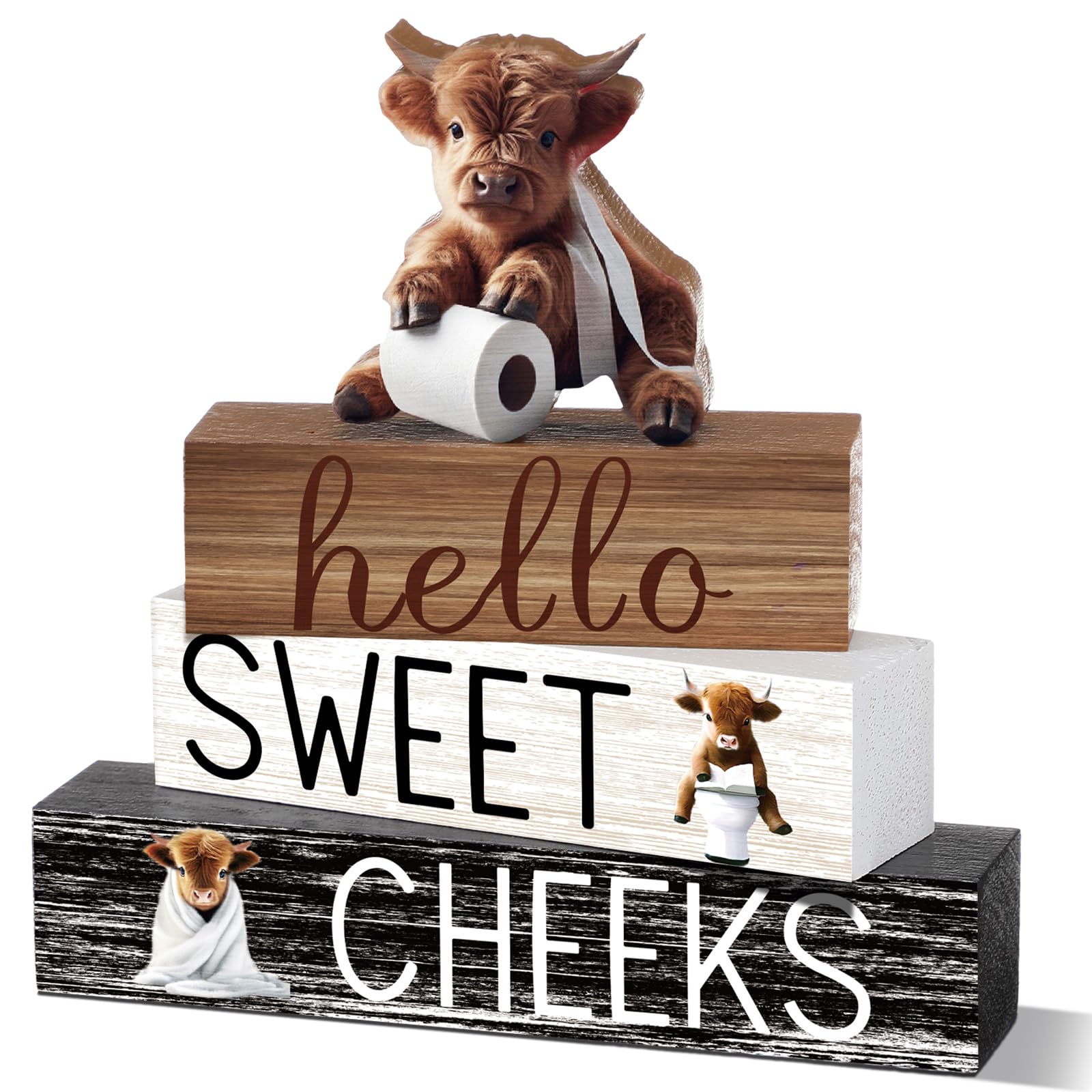Cinnvoice 4 Pcs Christmas Highland Cow Bathroom Decor Farmhouse Bathroom Decoration Western Hello Sweet Cheeks Table Centerpiece