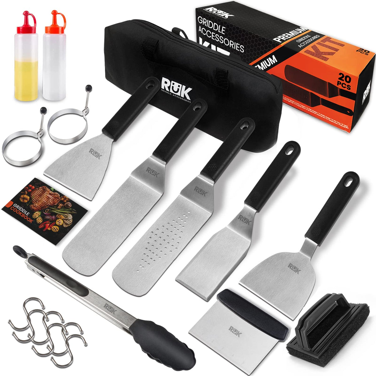 R   K 20 Pcs Anti-Scalding Long Handle Flat Top Griddle Accessories Set With Professional Metal Spatula, Griddle Scraper, Cleani