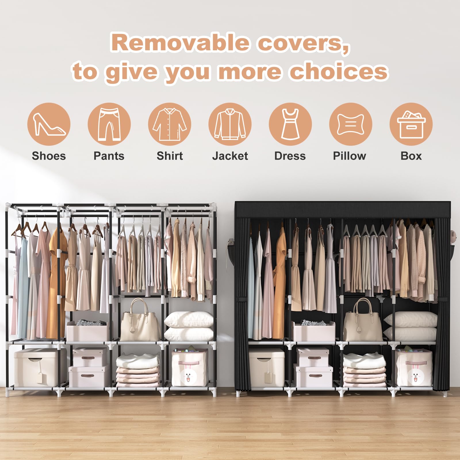 Vtrin Portable Closet For Hanging Clothes 67 Inch Wide Large Capacity Portable Wardrobe Closet With Cover, 4 Storage Shelves And