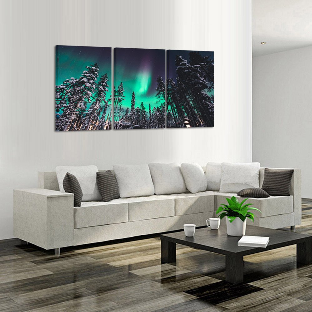 KREATIVE ARTS Northern Lights Canvas Print Norway Nature Green Aurora Borealis Poster Snow Tree Forest Landscape Painting Wall Art Modern Giclee Artwork Ready To Hang 16x24inchx3pcs