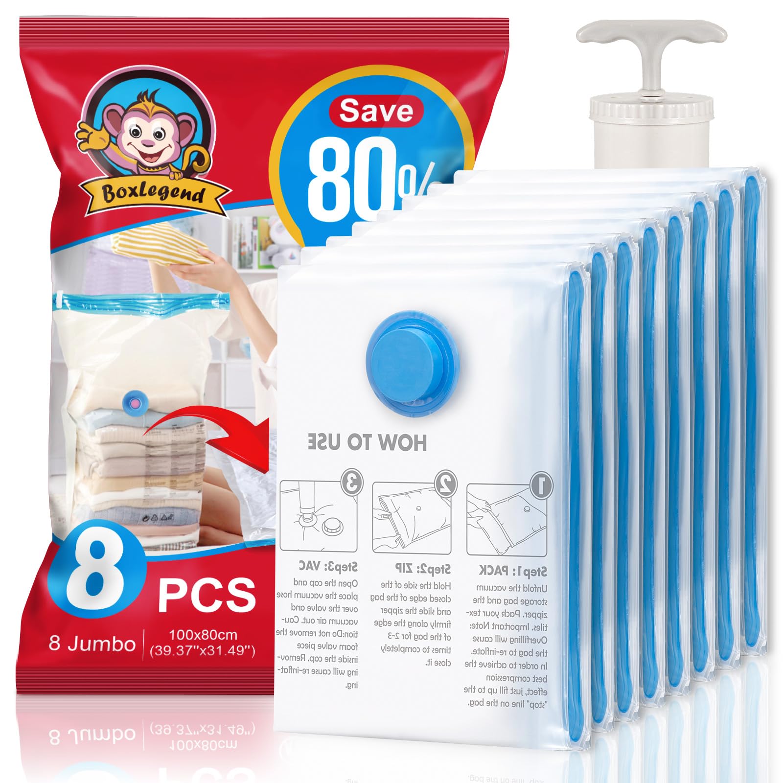 BoxLegend Vacuum Storage Bags with Large Size Hand Pump 8 Jumbo 31.5x39.37 Thickened Vacuum Seal Bags for Clothing Space Saving