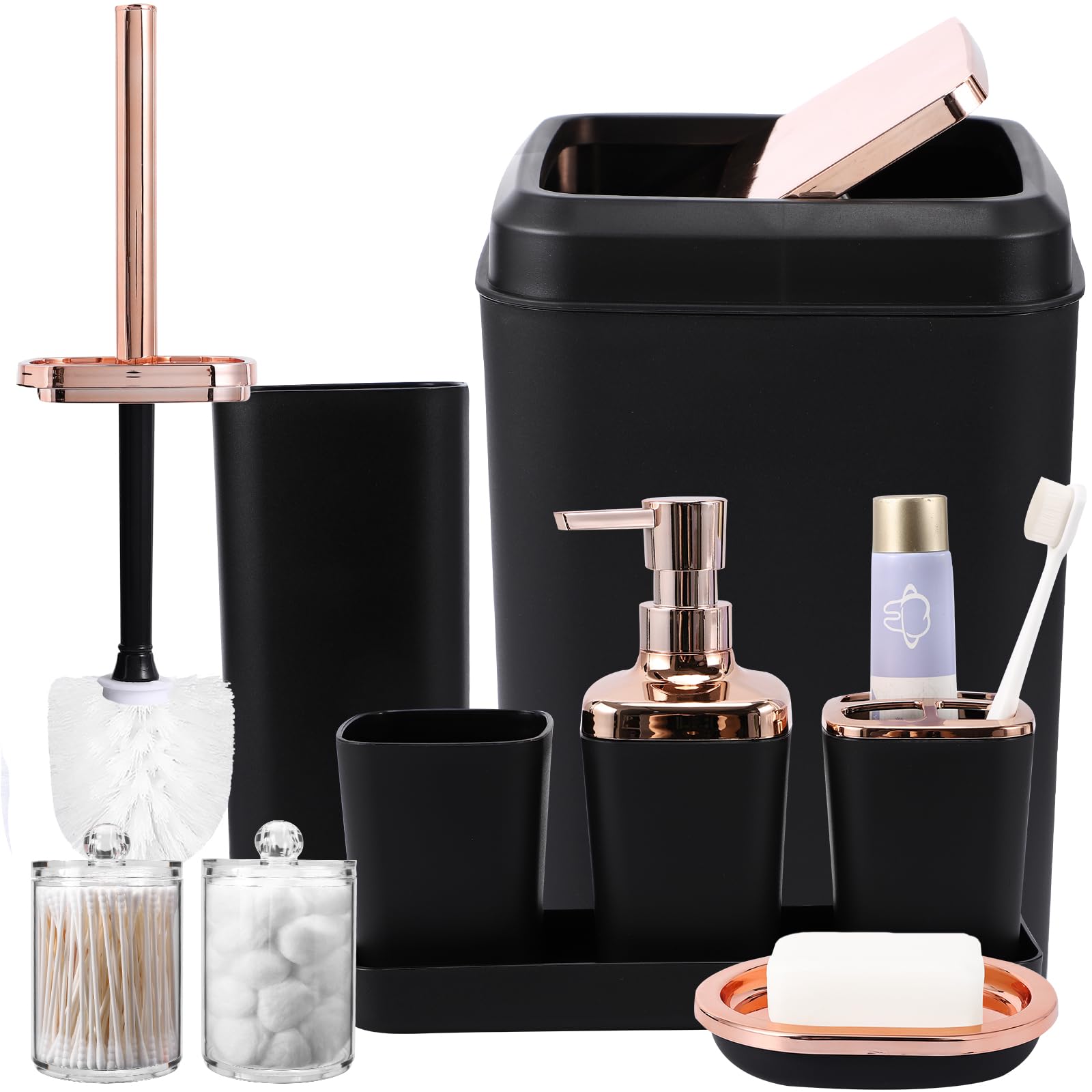 Black Bathroom Accessories Sets Complete, 9-Piece Bathroom Accessory Set With Trash Can, Vanity Tray, Soap Dispenser, Soap Dish,
