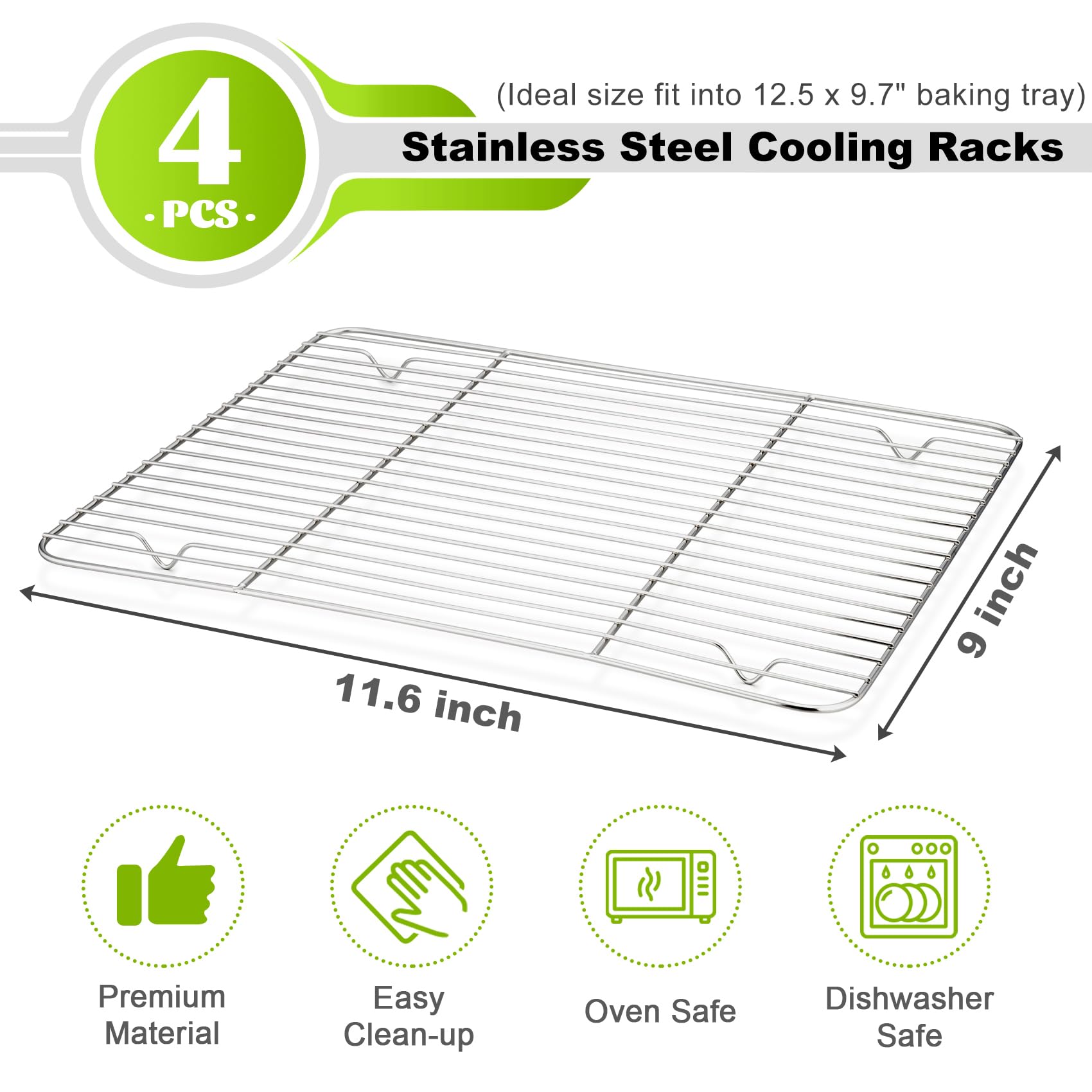 P&P Chef 4 Piece Cooking Racks, Baking Cooling Roasting Drying Stainless Steel Rack For Oven Kitchen Use, Rectangle 11.6 ' ' X 9