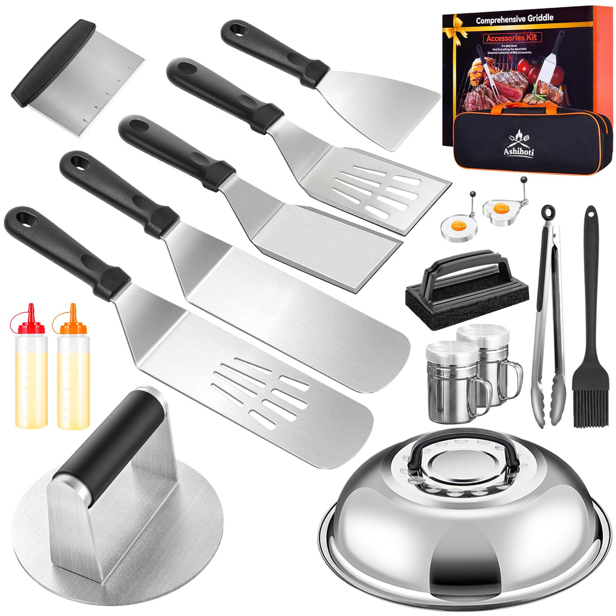 Griddle Accessories For Blackstone With Smashed Burger Press,19Pcs Griddle Accessories Kit For Hibachi, Enlarged Grill Spatula,