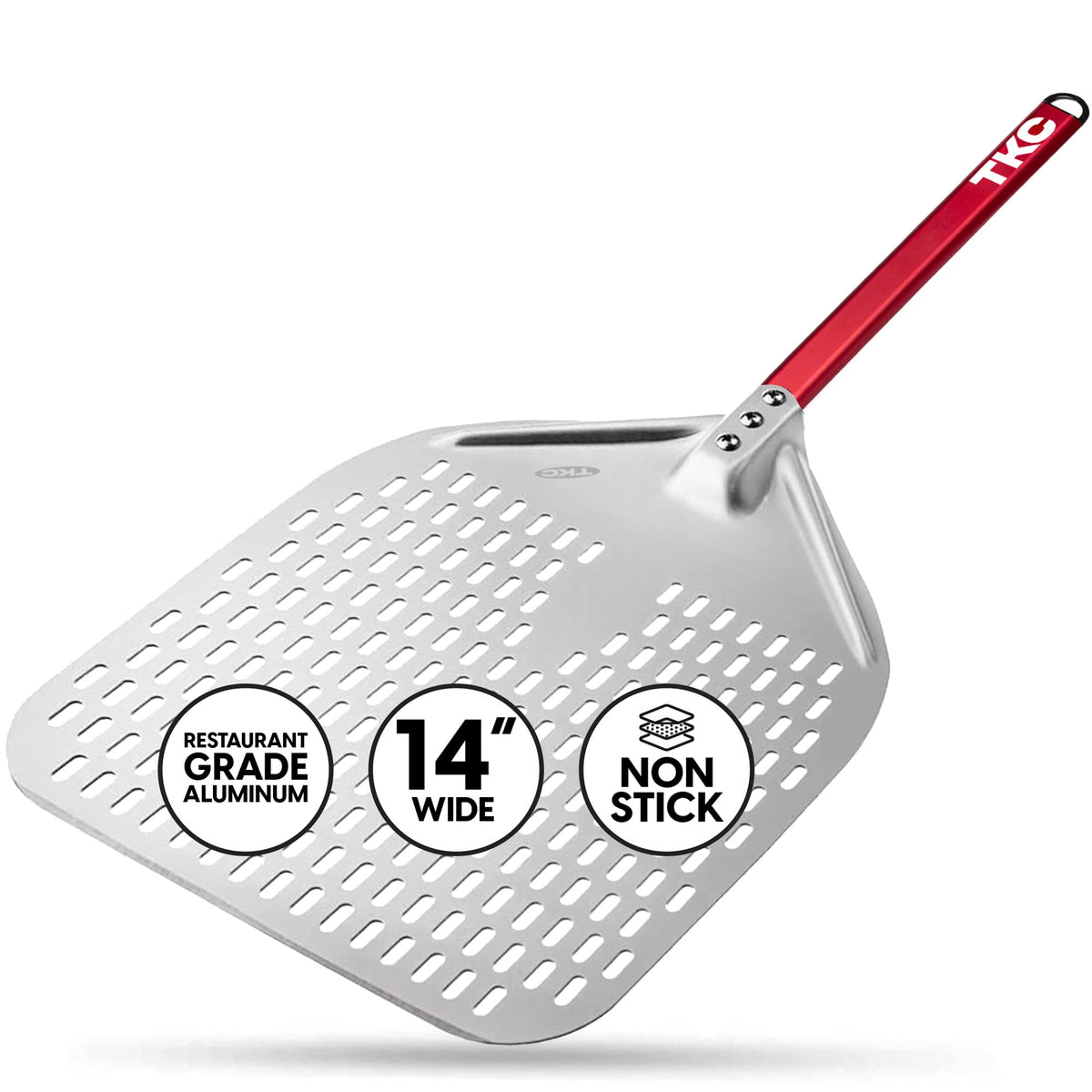 Tkc Perforated Pizza Peel 14 Inch - Professional Aluminum Pizza Turning Peel - Long Handle Metal Pizza Spatula For Indoor And Ou