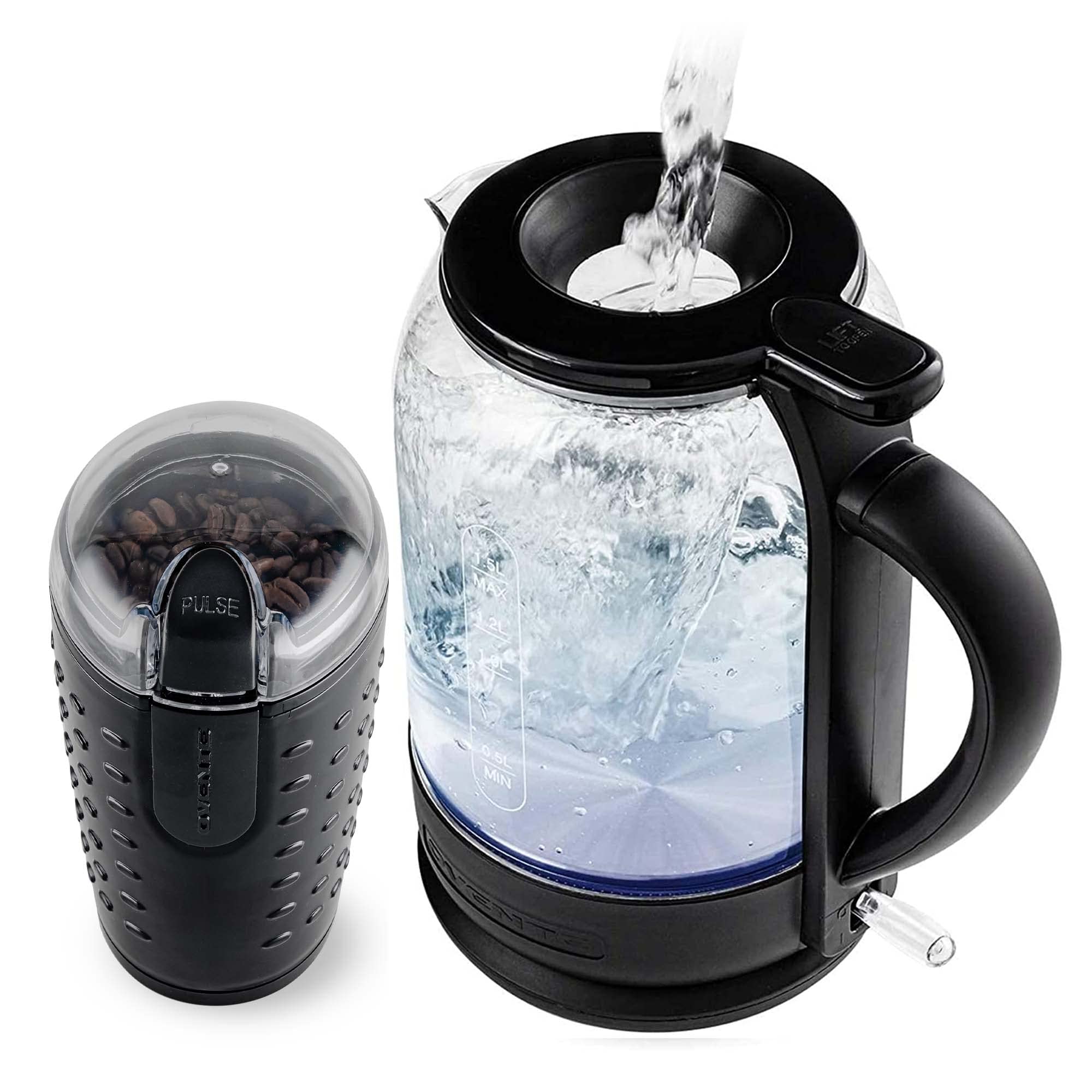Ovente 2 In 1 Brew Set With Electric Glass Hot Water Kettle 1.5 Liter With Prontofill Technology + 2.5 Ounce Electric Grinder Fo