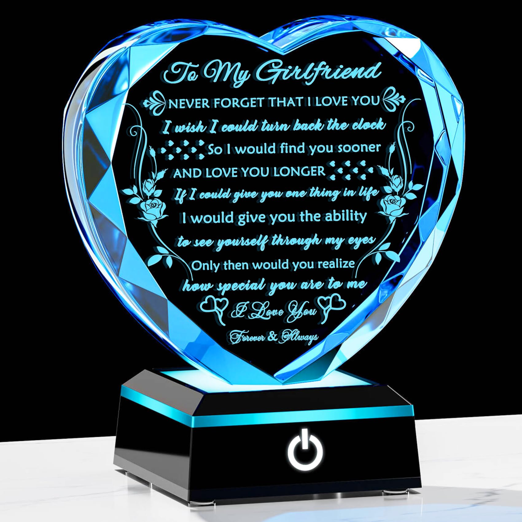 YWHL Gifts for Girlfriend with Colorful LED Base, Anniversary Birthday Gifts for Girlfriend from Boyfriend, Romantic Crystal Hea