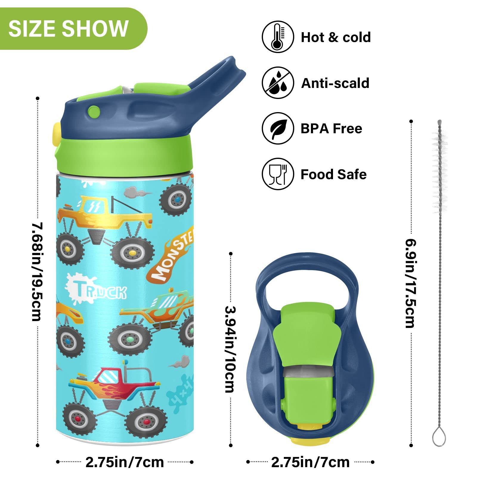 Boccsty Monster Truck Cartoon Car Kids Water Bottle With Straw Lid Insulated Stainless Steel Reusable Tumbler For Boys Girls Tod