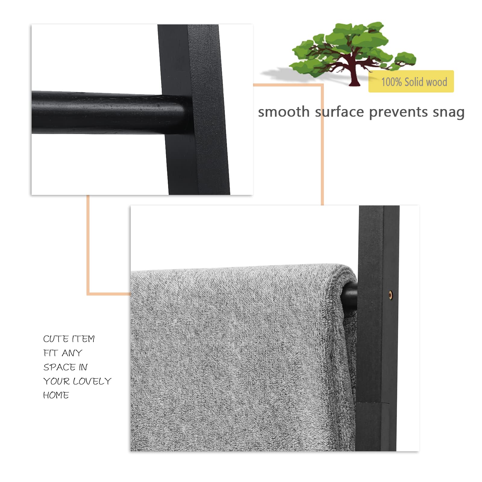 Fuin 6Ft Wooden Black Blanket Ladder Living Room Decorative Wall Leaning Farmhouse Quilt Display Holder Rustic Wood Towel Rack F