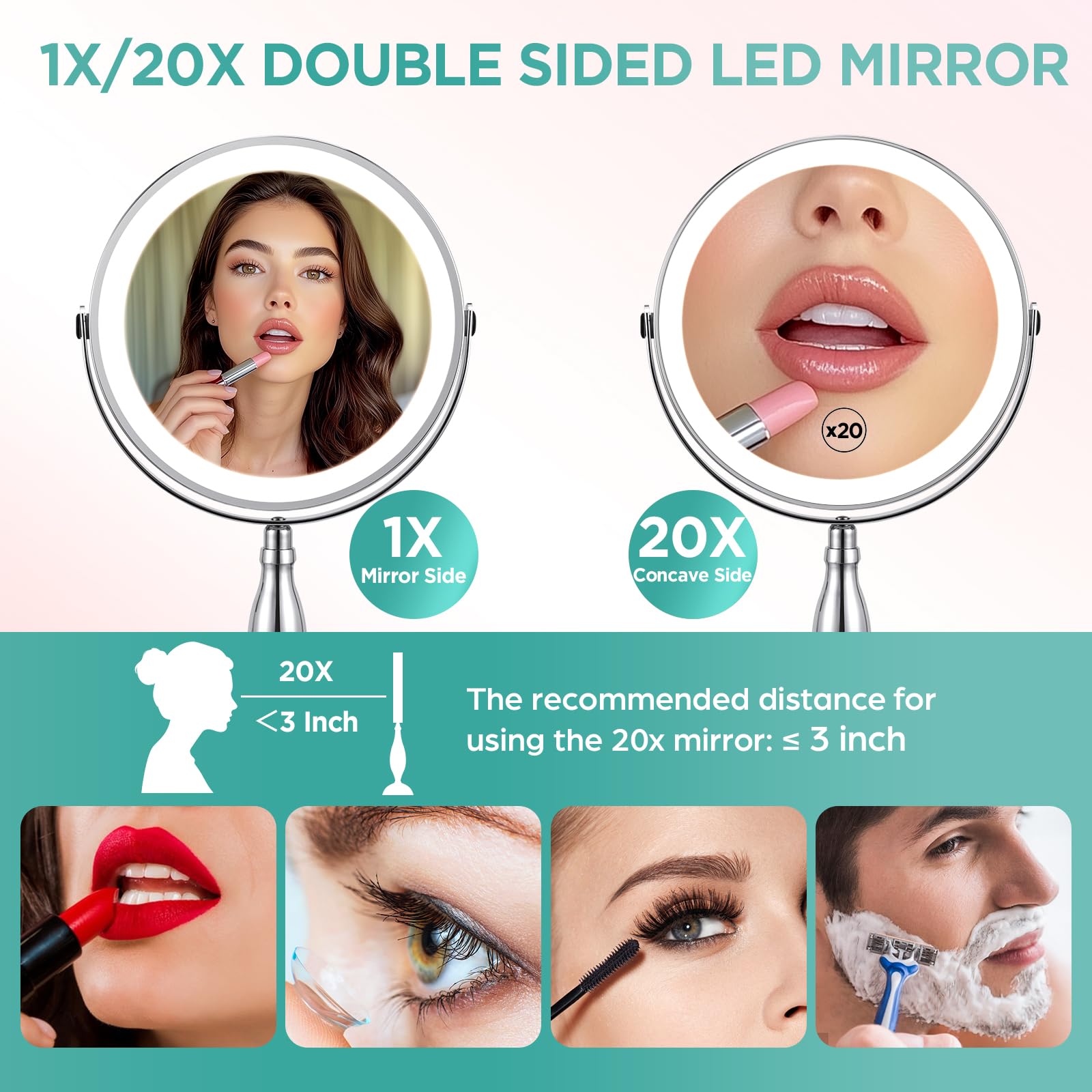 Makeup Mirror With Lights, 20X Magnifying Mirror With Light And Stc- Side Charging & Side Touch Switch, Vanity Mirror With 3 Col