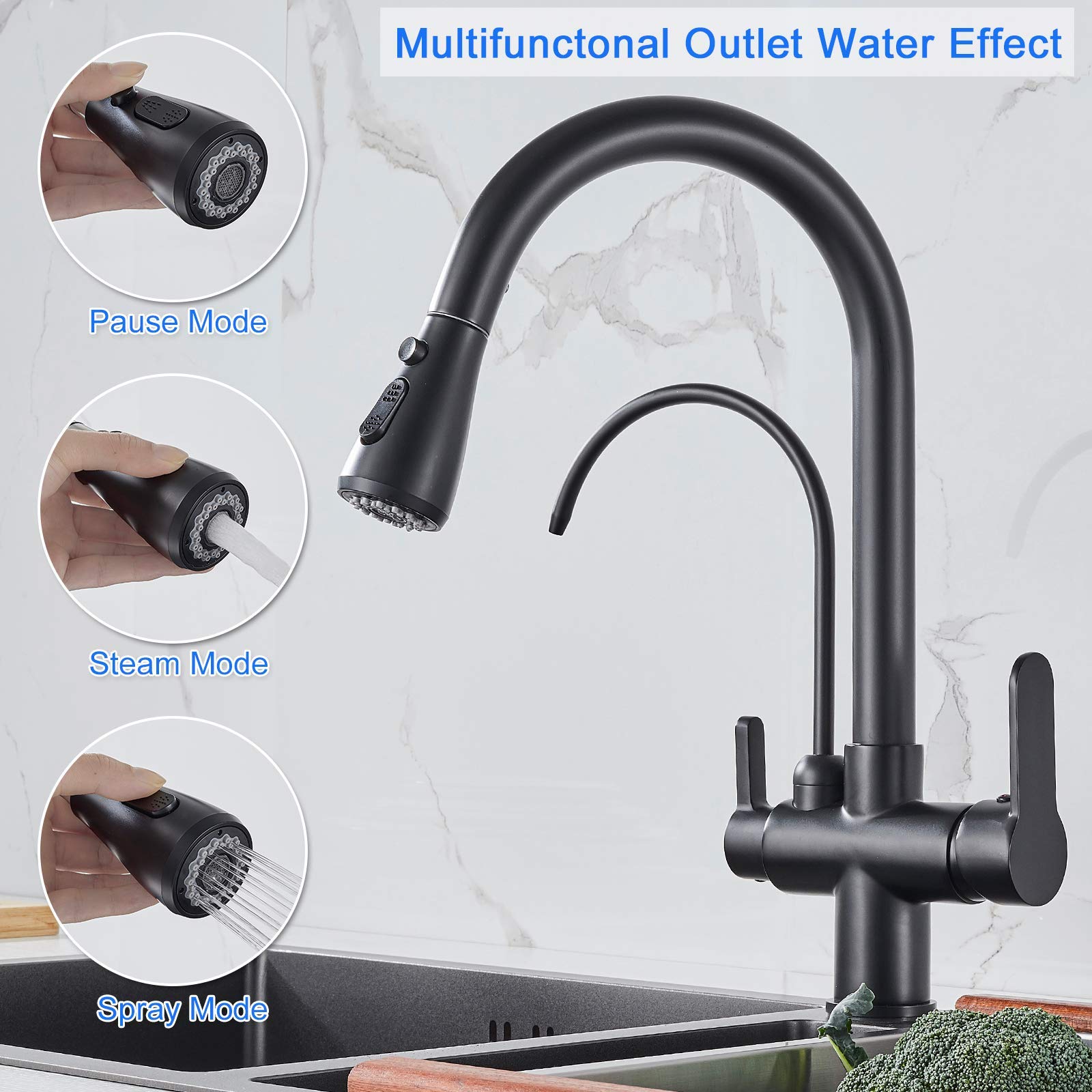 MENATT Commercial 3 in 1 Drinking Water Faucet  High Arc Water Filter Purifier Kitchen Faucets  Dual Handle Pull Out Kitchen Sink Faucet (Matte Black)