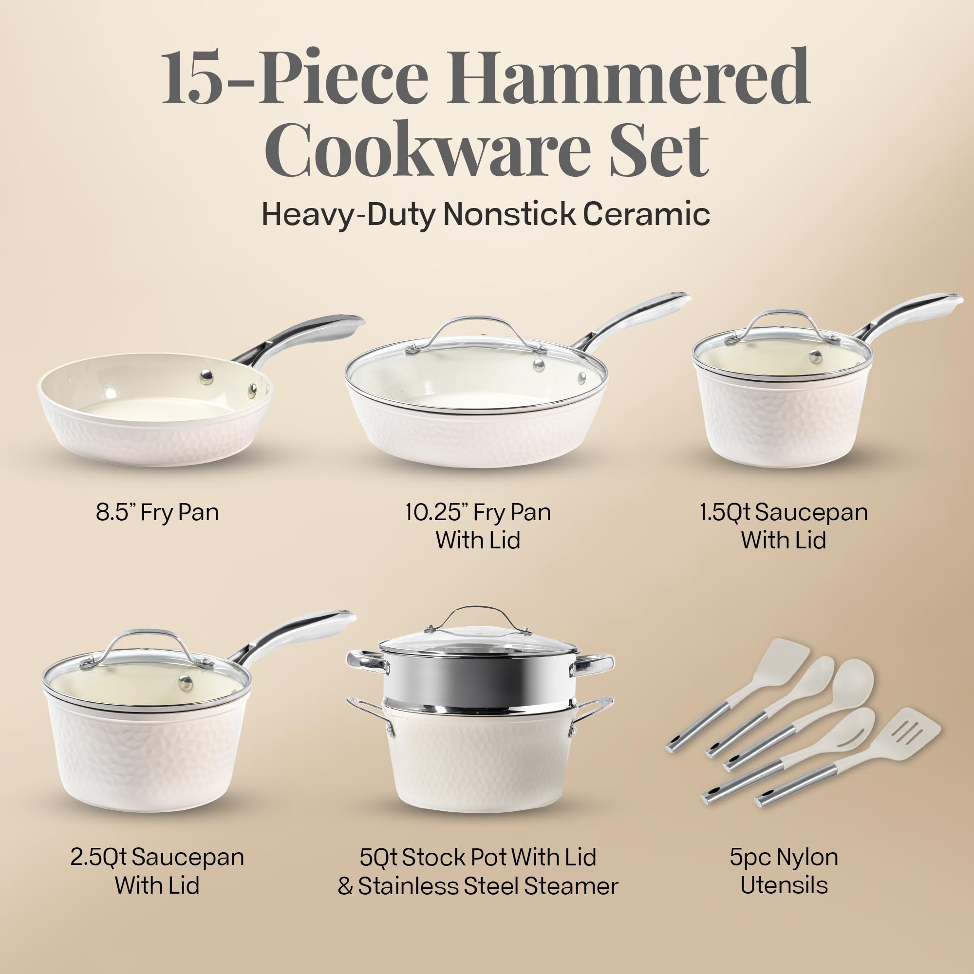 GOTHAM STEEL Hammered 15 Pc Ceramic Cookware Set Nonstick, Pots and Pans Set Non Stick for Kitchen with Utensils, Pots and Pans