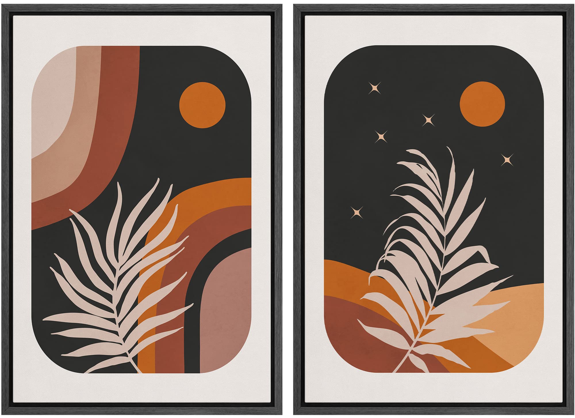 Signford Framed Canvas Print Wall Art Set Retro Mid-Century Palm Leaf Landscapes Abstract Shapes Illustrations Modern Art Decora