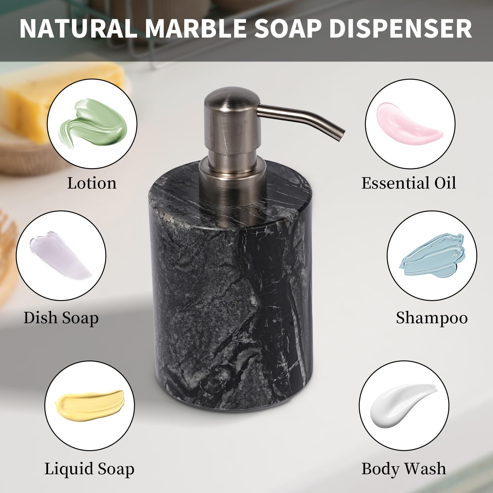 Amaauto Marble Soap Dispenser, Hand Soap Dispenser Bathroom With Stainless Steel Pump, Black Hand Soap Dispenser, 6 Ounces For B