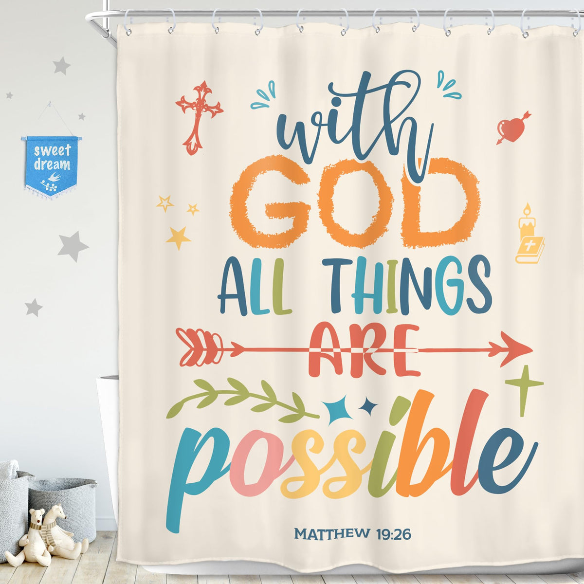 Homewelle Colorful Bible Verse Shower Curtain Inspirational Motivational Positive Quote Encouragement Scripture 60Wx72H Inch Mul