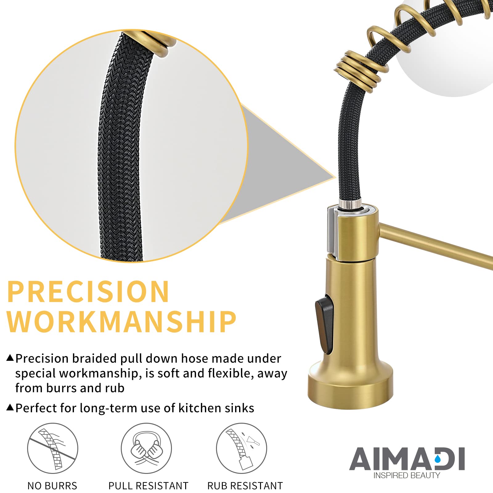 Brushed Gold Kitchen Faucet, Aimadi Kitchen Faucets With Pull Down Sprayer Single Handle One Hole Faucet For Farmhouse Gold Fauc
