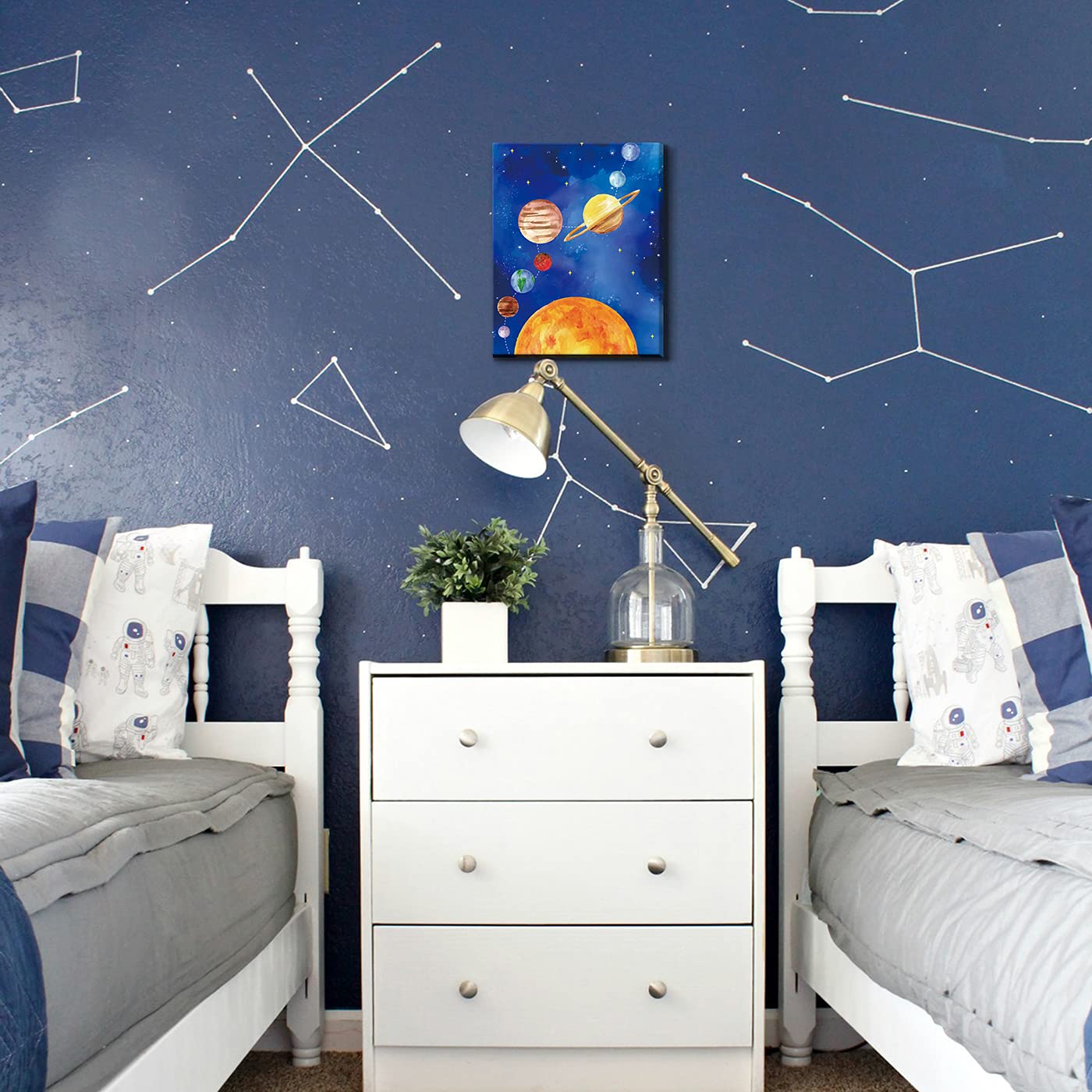 CHDITB Framed Outer Space Art Prints Cartoon Watercolor Planet Wall Art Set of 3 Pieces (11.8x15.6inch)  Universe Theme Canvas Painting  Spaceship  Astronaut For Kids Room Nursery Decor-Ready to Hang