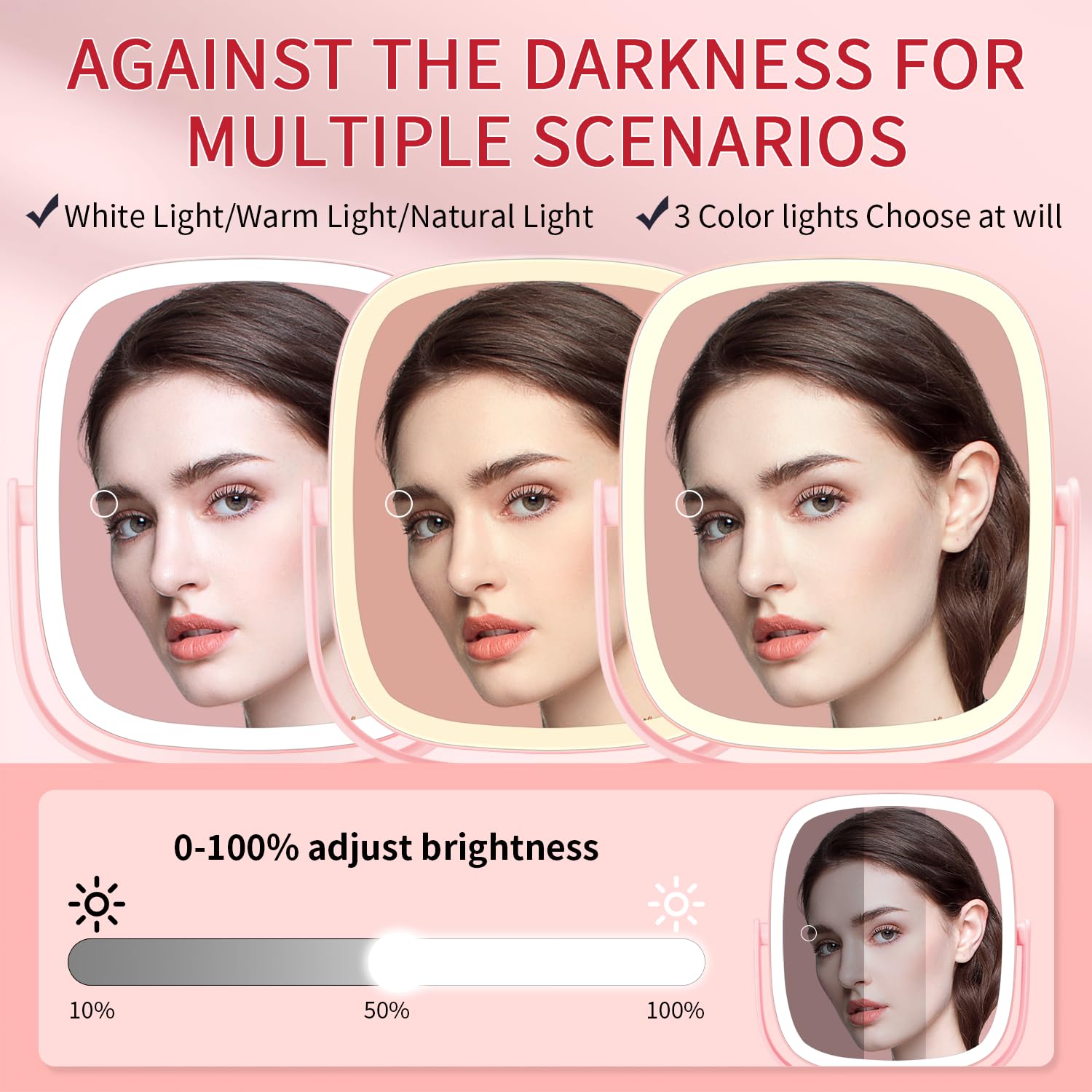 Lighted Makeup Mirror, 2600Mah Rechargeable 1X/10X Magnifying Vanity Mirror, 8.5 Height Adjustable Makeup Mirror With Lights 3 C