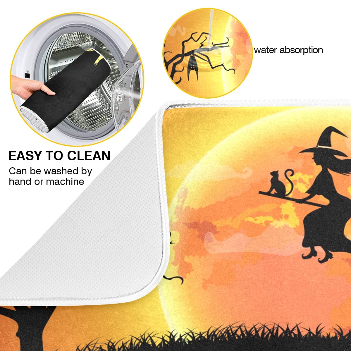 Halloween Witch Spdier Bat Dish Drying Mat 18X24 Absorbent Dishes Pumpkin Scary Night Pad Dish Drainer Mat Protector For Kitchen