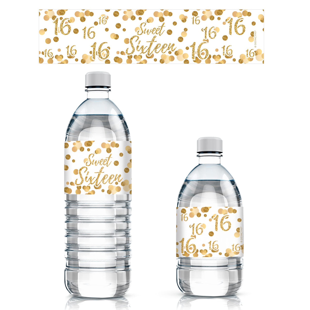 White And Gold 16Th Birthday Sweet Sixteen Party Water Bottle Labels - Waterproof Wrappers - 24 Stickers