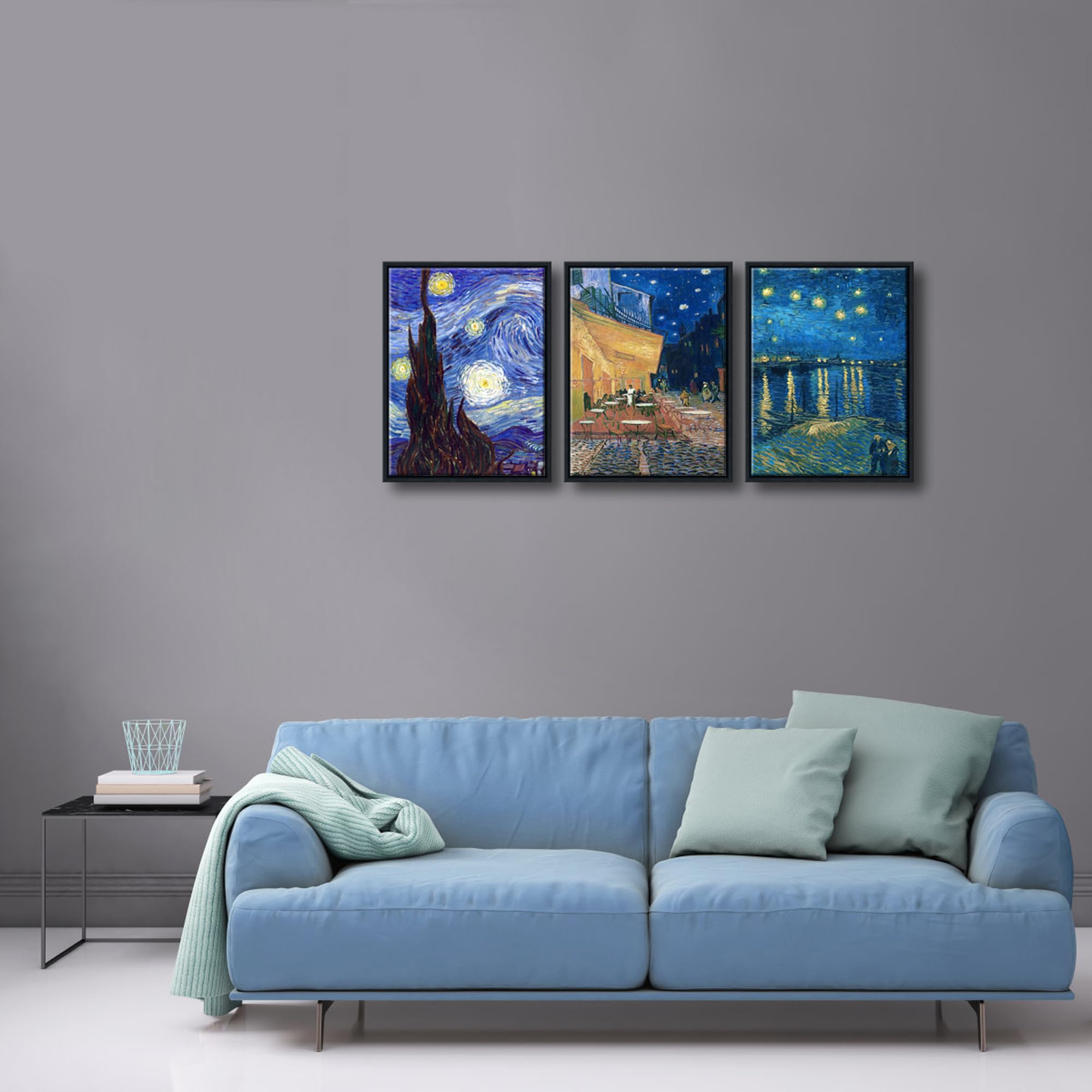 Wieco Art Framed 3 Panels Canvas Prints Of Vincent Van Gogh Paintings Reproduction Starry Night Over The Rhone Cafe Terrace At N