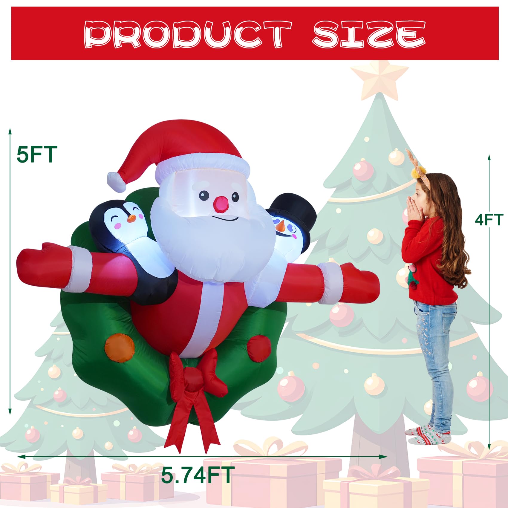 5FT Christmas Inflatables Festive Wreath with Santa Penguin Snowman Outdoor Window Decorations Christmas Blow ups Hanging Santa