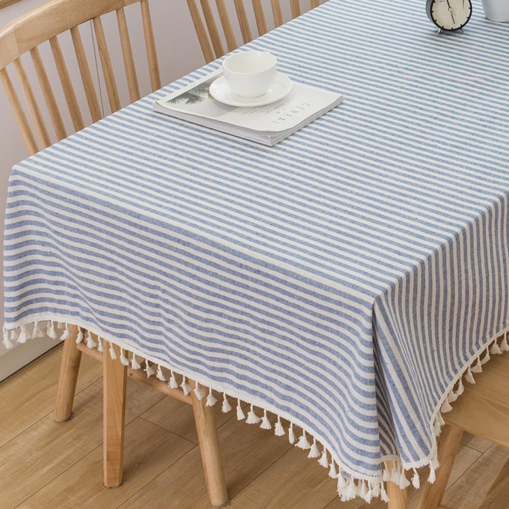 Trudelve Cotton Blend Tablecloth Blue And White Striped Tablecloth With Tassels Boho Rectangle Tablecloths (Blue,102''X55'',Rect