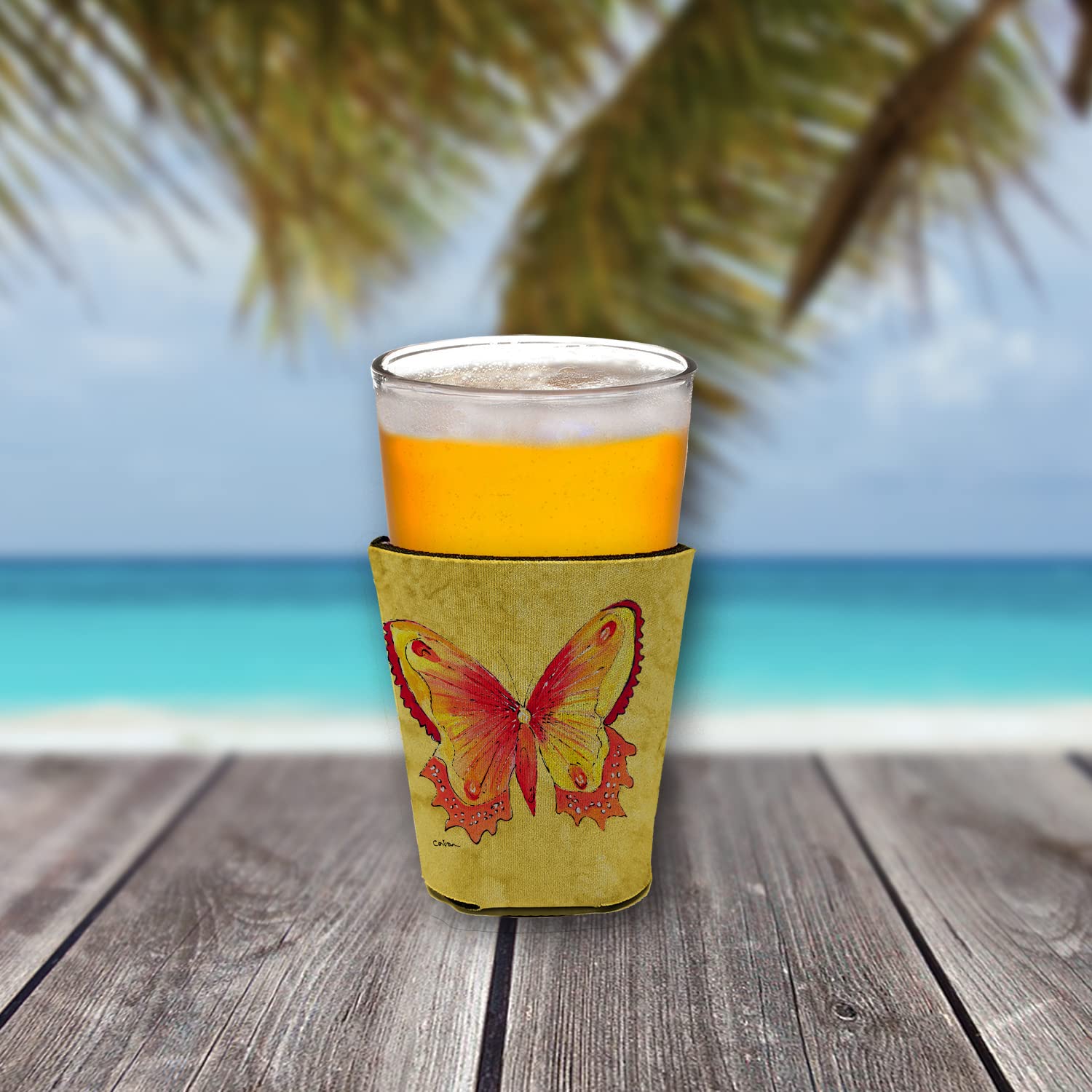 Butterfly on Yellow Red Solo Cup Beverage Insulator Hugger