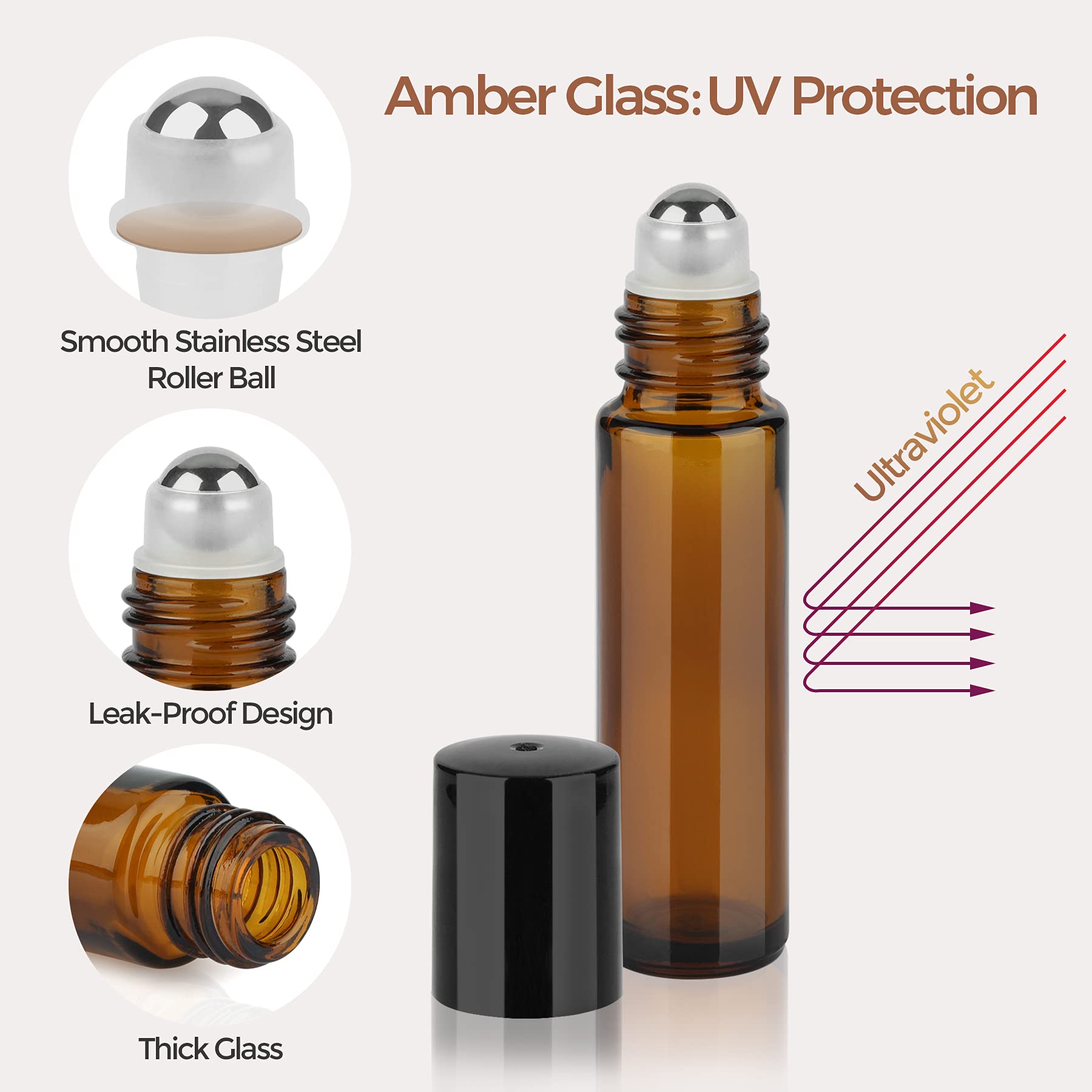Comsaf Glass Essential Oil Roller Bottles, Set Of 24, 10 Ml Amber Glass Bottles With Stainless Steel Roller Balls, Leakproof Ess